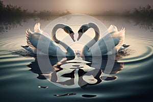 Swans forming love heart, creative digital illustration, animals, birds