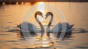 swans on the lake at sunset, necks of the swans forming a heart