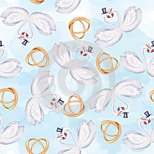 Swans in love. Seamless pattern. Watercolor illustration. Suitable for wedding decoration photo