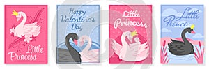 Swans posters. Elegant baby little princess and prince swans, valentines day card and beautiful bird with crown vector