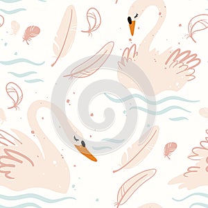Swans seamless pattern in pastel colors, vector illustration