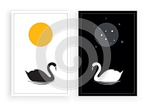 Swans Silhouettes swimming on sunlight and moonlight, vector,  two pieces minimalist poster design, black and white, sun and moon