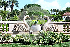Swans Statues in a Tropical Garden