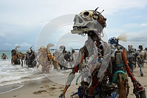 A swarm of evil plastic waste figures conquers the beach from the ocean created with generative AI technology