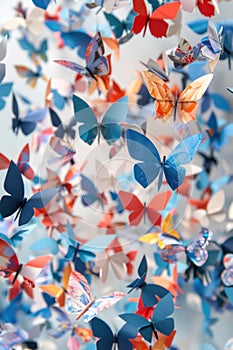 A swarm of paper butterflies flutter in the air, creating a beautiful pattern photo