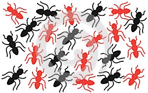 A swarm of red and black ants outline shape silhouette white backdrop