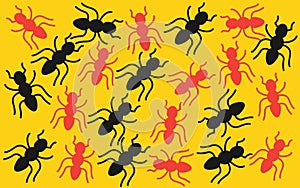 A swarm of red and black ants outline shape silhouette yellow backdrop