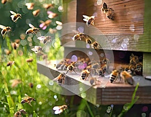 Swarms of bees at the hive entrance in a heavily populated honey bee, flying around in the spring air