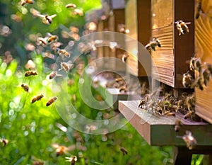 Swarms of bees at the hive entrance in a heavily populated honey bee, flying around in the spring air