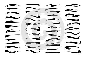 Swash tale. Underline swoosh divider. Decorative calligraphic swirl strokes. Black silhouette border elements. Ink or