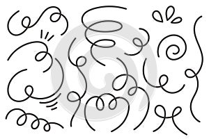 Swash vector lines. Curly hand drawn underlines. Swirl swishes and swooshes strokes. Squiggle decorative shapes. Wind