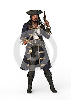 Swashbuckler with flintlock Pistol and Rapier. 3D Illsutration