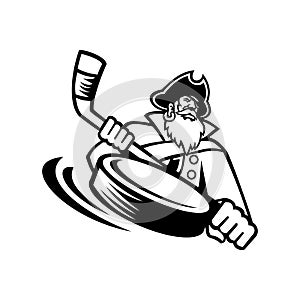 Swashbuckler or Pirate With Ice Hockey Stick and Puck Sports Mascot Black and White