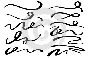 Swashes swoops and swishes calligraphy signs. Underlines hand drawn strokes. Vector symbols set.