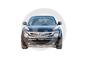 Swat, Pakistan - May 19 2023: Nissan Juke crossover front view isolated on white background