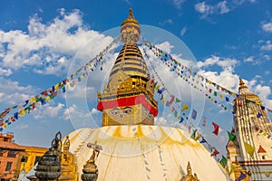 Swayambhu ancient religious complex at the hill top in Kathmandu, Nepal