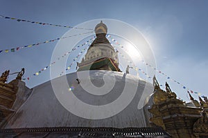 Swayambhunath is an ancient religious complex atop a hill in the Kathmandu Valley at Monkey Temple , Nepal