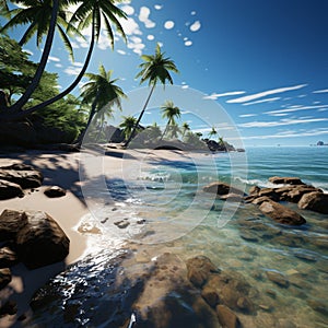 Swaying coastlines Palm trees dot sandy beach, offering shade and coastal charm