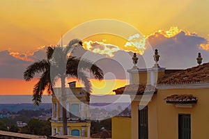 Swaying palm tree leaves against a golden sunset of sea.