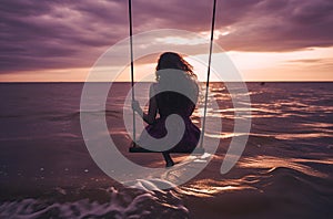 Swaying into Serenity: A Gorgeous Woman on a Sunset Swing by the Coastal Shore, ai generative