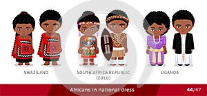 Swaziland, South Africa Republic, zulu tribe, Uganda. Men and women in national dress. Set of african people wearing