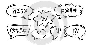 Swearing speech bubbles censored with symbols. Hand drawn swear words in text bubbles to express exclamation and harsh
