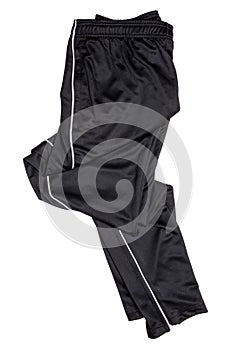 Sweat pants isolated. Closeup of mens fashionable black sweat pants or jersey trousers isolated on a white background. Clipping