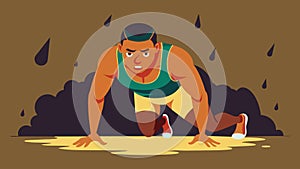 A sweatdrenched athlete crawling through a muddy crawl space in a CrossFit endurance challenge.. Vector illustration.
