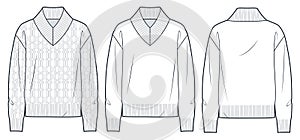 Sweater technical fashion illustration. Cable Knit Sweater fashion flat technical drawing template, relaxed fit, v-neck