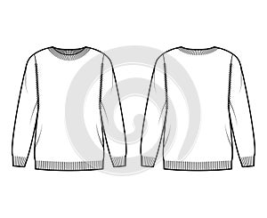 Sweater technical fashion illustration with rib crew neck, long sleeves, oversized, thigh length, knit cuff trim. Flat photo