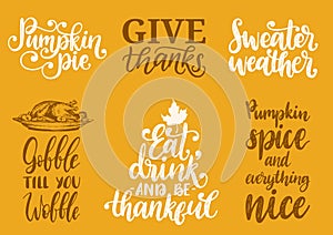 Sweater Weather,Give Thanks,Pumpkin Pie etc.,vector handwritten calligraphy set.Drawn illustrations for Thanksgiving day