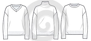 Sweaters Set, Jumpers technical fashion illustration.