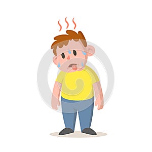 Sweating boy feeling hot, high temperature, hot weather. Cartoon character design. Flat vector illustration, isolated on