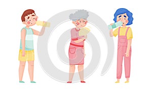 Sweating Man and Woman Suffering from Hot Summer Weather Drinking Water and Waving Hand Fan Vector Set