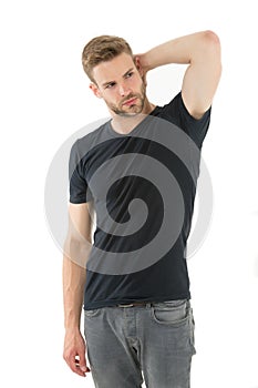 Sweating problem. Effective antiperspirant. Man confident in his antiperspirant. Guy checks dry armpit satisfied with