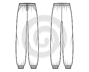 Sweatpants technical fashion illustration with elastic cuffs, low waist, rise, full length, drawstrings. Flat training photo