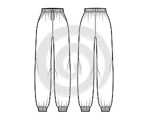 Sweatpants technical fashion illustration with elastic cuffs, normal waist, high rise, drawstrings. Flat knit training