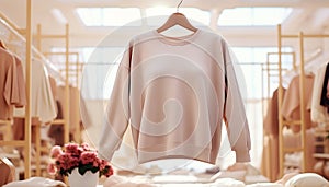 Sweatshirt mockup. Beige pullover mock-up on clothes boutique shop market background. Blank template cardigan front view. Casual