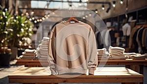 Sweatshirt mockup. Beige pullover mock-up on clothes shop market background. Blank template cardigan front view. Casual comfort