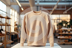 Sweatshirt mockup. Beige pullover mock-up on clothes shop market background. Blank template cardigan front view. Casual comfort