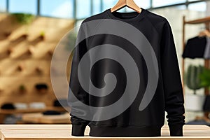 Sweatshirt mockup. Black pullover mock-up on clothes shop market background. Blank template cardigan front view. Casual comfort