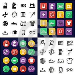 Sweatshop Factory All in One Icons Black & White Color Flat Design Freehand Set