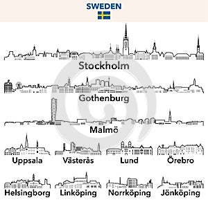 Sweden cities outline skylines vector set