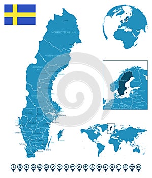 Sweden - detailed blue country map with cities, regions, location on world map and globe. Infographic icons