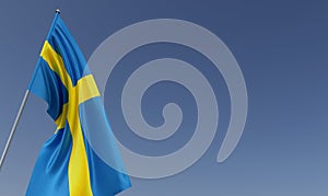 Sweden flag on flagpole on blue background. Place for text. The flag is unfurling in wind. Swedish, Stockholm. Europe. 3D