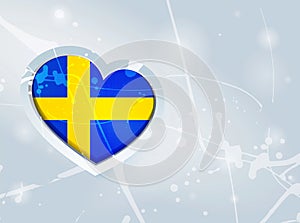 Sweden Flag in the form of a 3D heart and abstract paint spots background