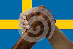 Sweden flag, intergration of a multicultural group of young people