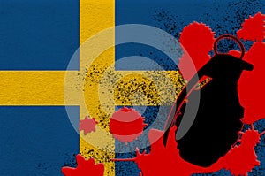 Sweden flag and MK2 frag grenade in red blood. Concept for terror attack or military operations with lethal outcome