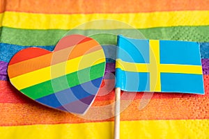 Sweden flag on rainbow background symbol of LGBT gay pride month  social movement rainbow flag is a symbol of lesbian, gay,