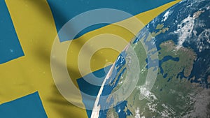 Sweden Flag and Sweden Map on Earth Globe 4K